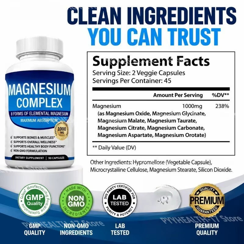 Nutrition Magnesium Complex Capsules 8-Form Elemental Magnesium Supports Healthy Body Functions 1000 Mg 90 Capsules