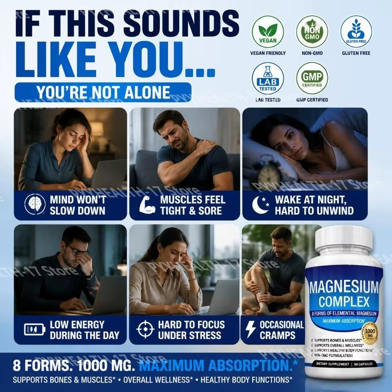 Nutrition Magnesium Complex Capsules 8-Form Elemental Magnesium Supports Healthy Body Functions 1000 Mg 90 Capsules