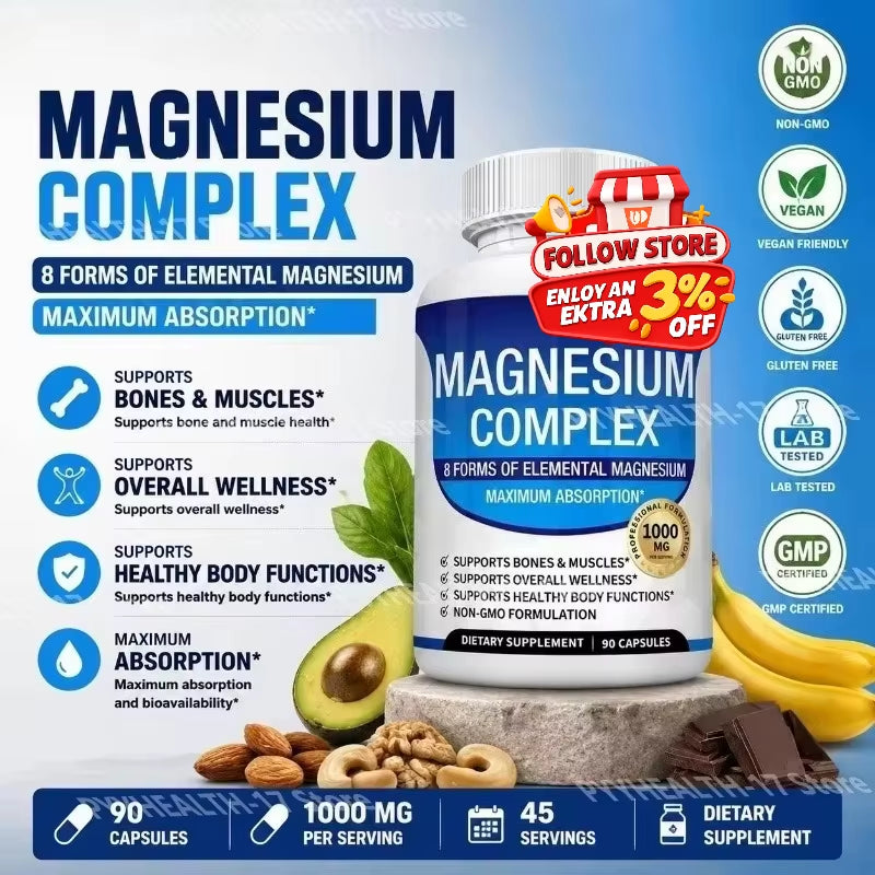 Nutrition Magnesium Complex Capsules 8-Form Elemental Magnesium Supports Healthy Body Functions 1000 Mg 90 Capsules